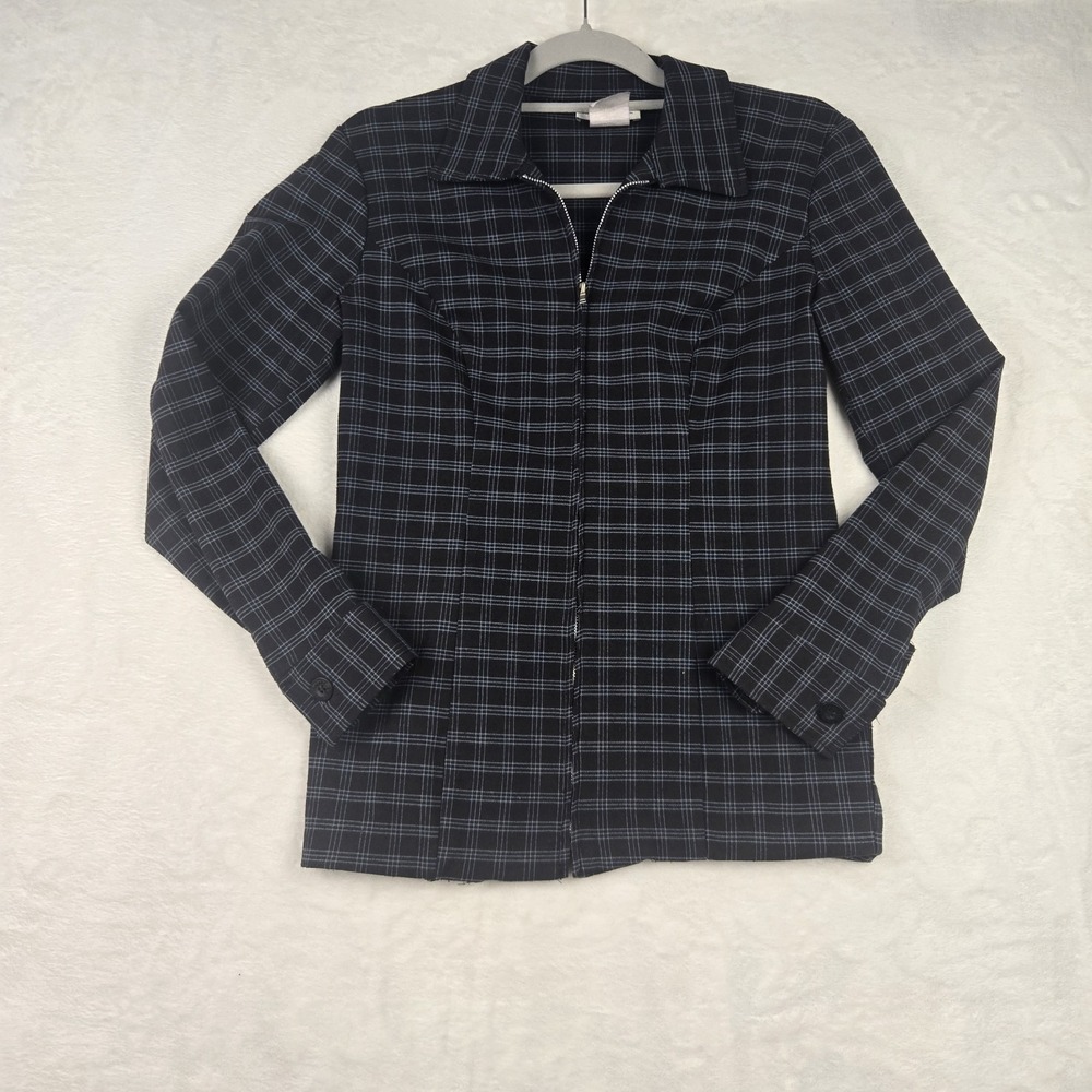 Vintage Evolution Not Revolution Black Gray Plaid Blazer‎ Size Medium Y2K